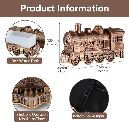 Vista 5 de Humidificador de tren con difusor de aceite esencial, humidificador de tren de niebla fría de 10.1 fl oz para dormitorio, 2 modos de luz nocturna