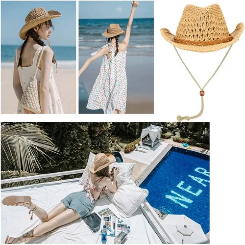 Vista 4 de Sombrero de vaquero de paja sombrero de sol vaquera de verano Panamá con correa para la barbilla hombres mujeres sombrero viaje al aire libre