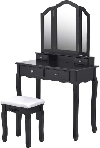 Vista 4 de Casart Tri Espejo Plegable Baño Vanidad Maquillaje Mesa Taburete Set Muebles para el Hogar con 4 Caj
