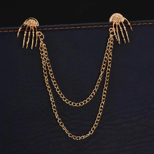 Vista 2 de Broche creativo de hueso de mano fantasma para camisas, collar de cadena de suéter, clip de solapa con doble cadena Oro