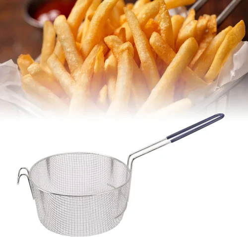 Vista 2 de Cesta de acero inoxidable para freír, cestas redondas de alambre con mango de goma, cesta reutilizable para freír, servir alimentos, cestas