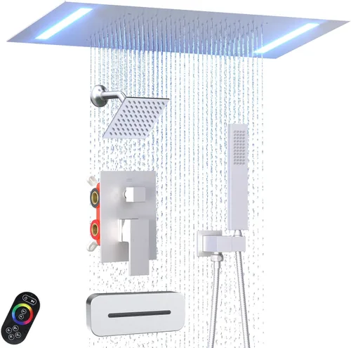 Vista 11 de ENGA - Sistema de ducha doble LED de lluvia, cabezal de ducha grande de 14 x 20 pulgadas + ducha de pared de 6 pulgadas, 4 chorros corporales
