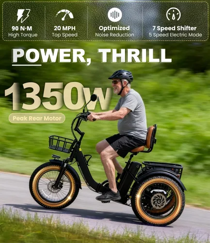 Vista 2 de KAKIGO Electric Tricycle for Adults,Peak 1350W Motor Etrike,48V15.6Ah Ebike,20"x4"Fat Tire Aluminum Folding Electric Trike,3-Wheel Electric