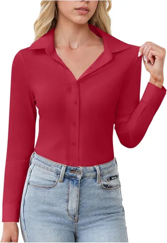 Vista 7 de Womens Stretch Button Down Shirts Slim Fit Long Sleeve Dress Shirt Wrinkle Free Collared Business Work Casual Blouse