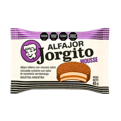 Vista 2 de Jorgito Mousse Alfajor - Paquete de 6 sándwich de galletas recubiertas de chocolate relleno de mousse de chocolate, 45 g (1.6 oz) cada uno