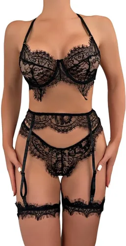 Vista 3 de Lilosy Conjunto de lencería transparente con lazo de liguero inalámbrico para mujer, 3 piezas