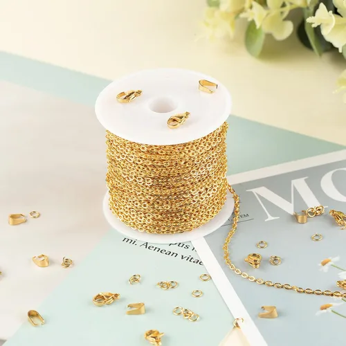 Vista 6 de UMAOKANG Cadenas chapadas en oro de 33 pies para fabricación de joyas, carrete de eslabones de cadena de cable plano para manualidades, aretes