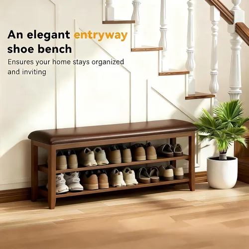 Vista 4 de Banco de almacenamiento de zapatos de madera con cojín de cuero, marrón oscuro, 39.4 pulgadas Rustic Solid Wood Entryway Bench, Shoe Rack Bench