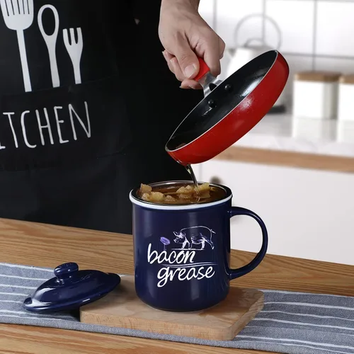 Vista 7 de ONTUBE Contenedor de grasa de tocino de cerámica con colador, recipiente de grasa para almacenamiento de aceite de cocina, protector de grasa