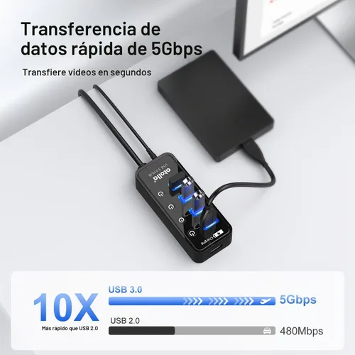 Vista 2 de Atolla Hub USB 3.0 de 4 puertos con 4 puertos de datos, 1 puerto de carga inteligente, interruptores individuales de encendido/apagado y adaptador