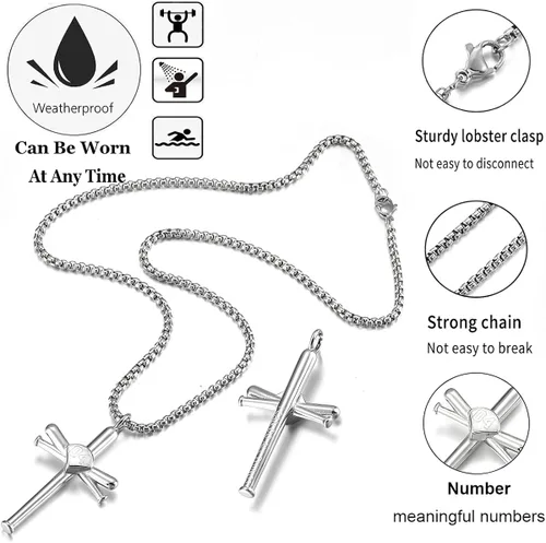 Vista 3 de Collar de béisbol para hombres y niños, con cruz y número inicial 0-99, cadena y dije de acero inoxidable, hecho a medida para mujeres y niñas