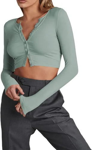 Vista 2 de Camiseta corta de punto acanalado de manga larga para mujer, cuello en V, ajuste delgado, con botones frontales, para otoño