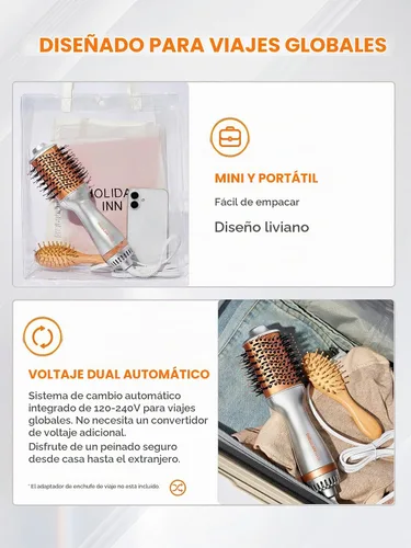 Vista 4 de SHEGLAM Mini cepillo secador de pelo, cepillo de aire caliente de viaje de doble voltaje de 120 V-240 V, cepillo secador de pelo de 35000 RPM con 2