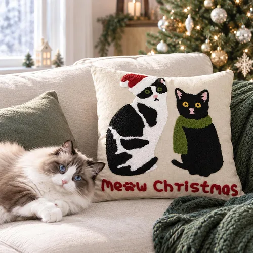Vista 2 de Fundas de almohada navideñas de gatos lindos de 18 x 18 pulgadas, fundas de almohada bordadas de Navidad, decoraciones de Navidad, almohadas Gatos