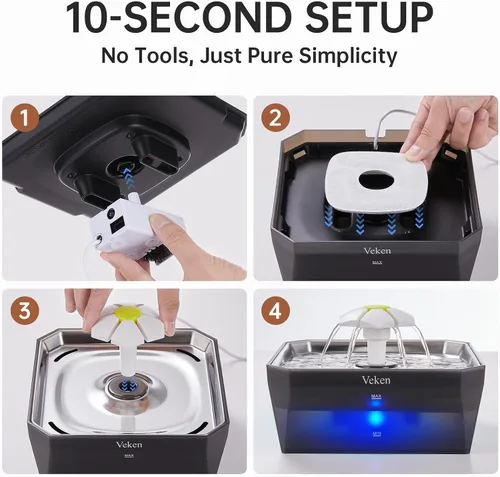Vista 15 de Veken Fuente de agua para gatos pequeña apta para mascotas con bomba silenciosa, fácil de limpiar y montar, mini dispensador de agua para mascotas