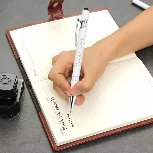 Vista 4 de Aolun Bolígrafo personalizado, bolígrafo grabado personalizado con lápiz capacitivo, 12 unidades, metal suave al tacto, introduce el nombre, Naranja