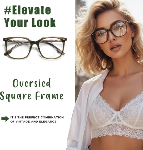 Vista 3 de Chicid Gafas cuadradas de gran tamaño con bloqueo de luz azul para mujeres Marco verde A01/lente transparente
