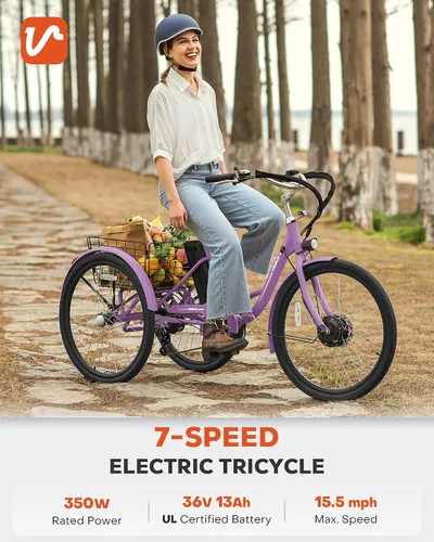 Vista 2 de VIRIBUS Triciclo eléctrico para adultos, triciclo eléctrico de 24 26 pulgadas con batería extraíble de 468 Wh, 250 W/350 W (pico 500 W) bicicletas