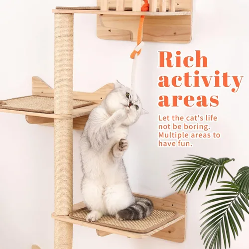 Vista 3 de Árbol para gatos montado en la pared, 7 estantes y perchas de pared para gatos con postes rascadores altos de sisal, árbol de escalada para gatos