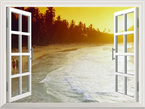 Vista 2 de wall26 Adhesivo mural de pared con diseño de olas de playa con puesta de sol y palmeras, 24 x 32 pulgadas