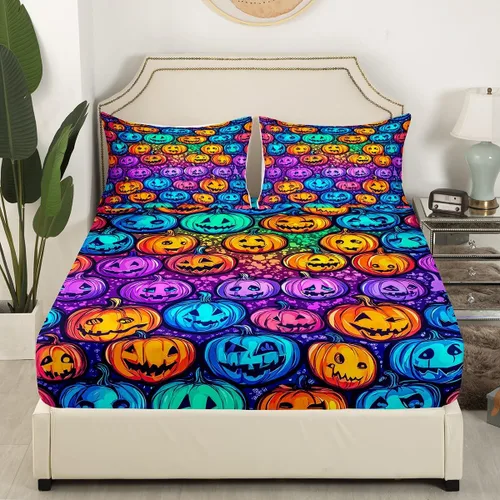 Vista 3 de Erosebridal Sábanas de calabaza de Halloween para niños, diseño de calabazas arcoíris, tamaño individual, para niños y niñas, juego de ropa de cama