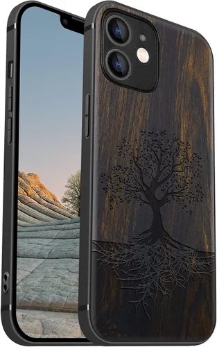 Vista 18 de Carveit Funda de madera para iPhone 12, árbol con raíces - Blackwood) Blackwood-12