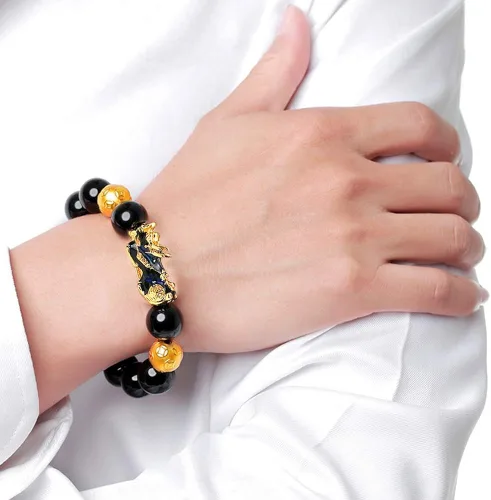 Vista 6 de SOOWOOT Feng Shui Pulsera Collar-Pi Xiu Negro Obsidian Riqueza Pulsera de Buena Suerte Pi Yao Attract Wealth Money Collar Set para Mujeres Hombres