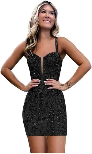 Vista 6 de Vestidos ajustados de encaje de lentejuelas para adolescentes, tirantes delgados, cuello en V, vestido corto de graduación, mini vestido de cóctel
