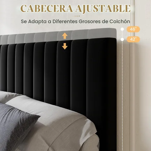 Vista 4 de SHA CERLIN Base de cama de plataforma tamaño matrimonial con 4 cajones de almacenamiento, cabecera acolchada vertical con diseño acanalado