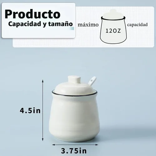 Vista 3 de Tazón de sal de porcelana con tapa y cuchara, azucarero de cerámica de 12 onzas (beige)