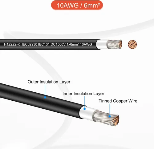Vista 3 de MECCANIXITY Cable de panel solar de 164 pies 10AWG 6mm2, extensión de cable solar estañado, alambre de cobre negro, para RV, barco, panel solar