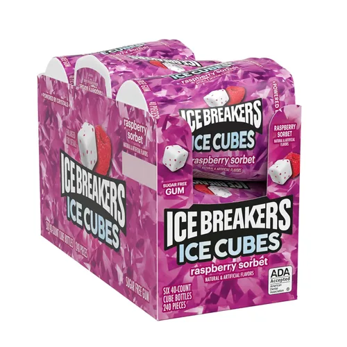 Vista 3 de ICE BREAKERS Ice Cubes - Botellas de goma de mascar sin azúcar con sabor a sorbete de frambuesa, 3.24 onzas (6 unidades, 40 piezas)