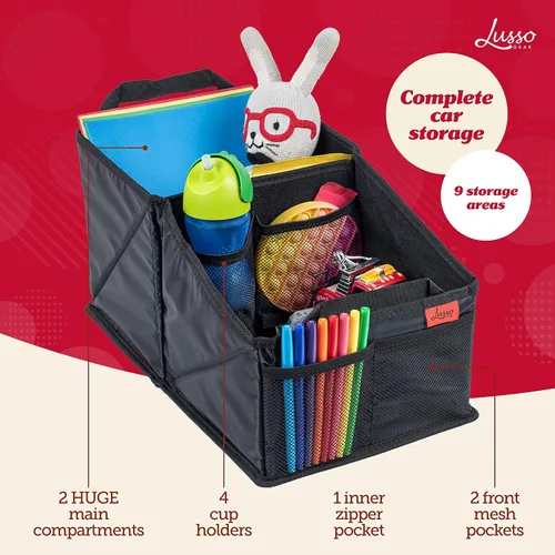 Vista 2 de Lusso Gear Organizador de asiento de automóvil, portavasos integrados y bolsillos de malla, organizador plegable para asiento trasero con asas