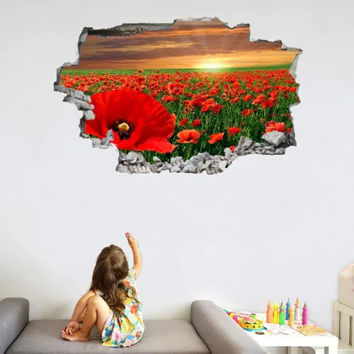 Vista 3 de Calcomanías de pared de flores rojas 3D, diseño de paisaje natural, arte aplastado, impermeable, diseño de cielo, tatuaje de pared para niños A03