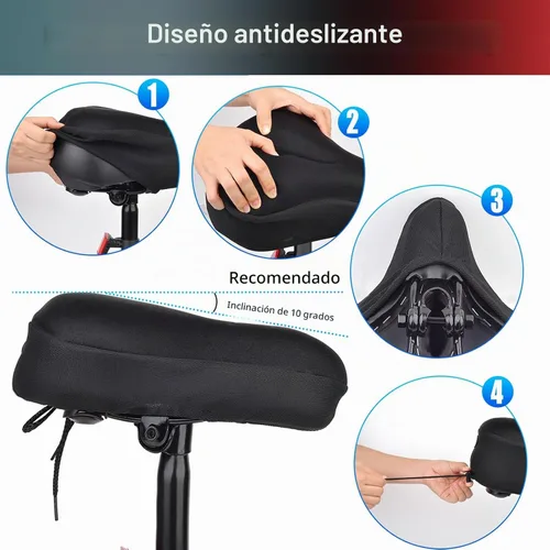 Vista 3 de Cojín de gel grueso y ancho para asiento de bicicleta con funda impermeable - Cómodo cojín de silicona de espuma viscoelástica para asiento