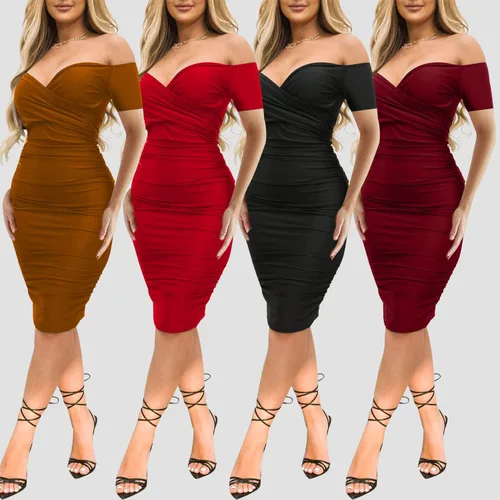 Vista 4 de Ekaliy Vestido midi sexy con hombros descubiertos para mujer