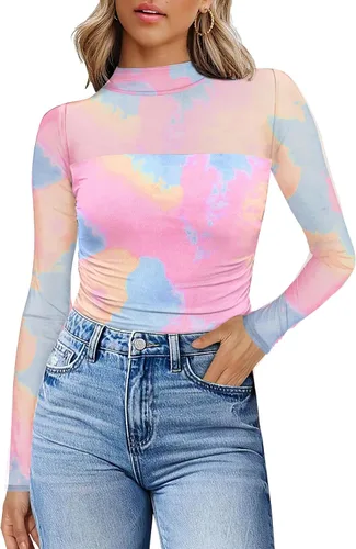 Vista 7 de Camisas de manga larga de malla sexy para mujer, ropa de moda, cuello de tortuga, drapeada, para salir, trajes de otoño, blusas ajustadas Negro