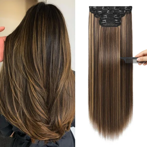 Vista 42 de REECHO - Juego de 4 extensiones de cabello sintético con clip de 12 pulgadas, 14 pulgadas y 16 pulgadas, lacio, largo y grueso, marrón oscuro