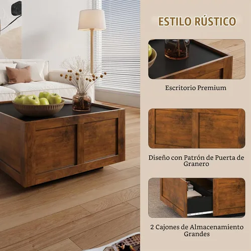 Vista 3 de HedoAjim - Mesa de centro de granja con 2 cajones de almacenamiento para sala de estar, mesa cuadrada central moderna, mesa de cóctel contemporánea