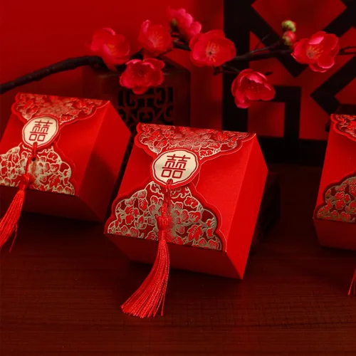 Vista 9 de Abaodam Cajas de dulces de boda chinas, 80 cajas de regalo chinas con borla para invitados, bolsa creativa de decoración de mesa para compromiso