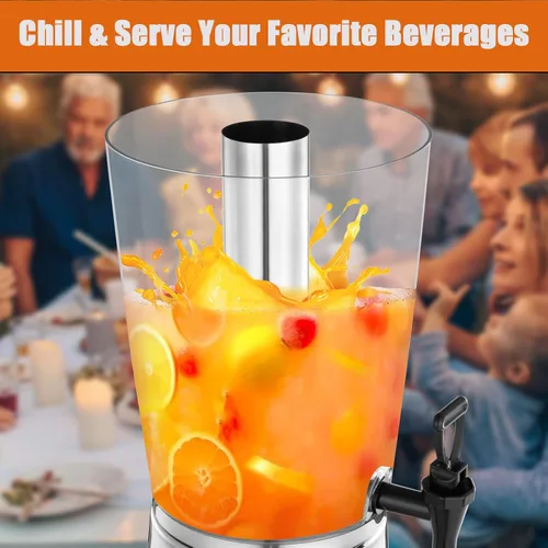 Vista 3 de Dispensador de bebidas de 2 galones con soporte, dispensadores de bebidas para fiestas, dispensadores de jugo de acero inoxidable con tubo de hielo