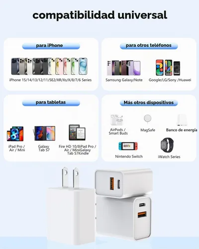 Vista 7 de Paquete de 3 cargadores de pared USB C de Apple, adaptador de corriente de 20W iPhone 17/16 de doble puerto QC + PD 3.0, bloque de carga rápida