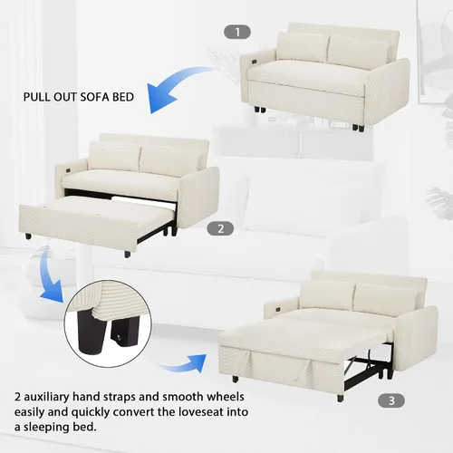 Vista 5 de KLMM Moderno sofá cama extraíble de 57.48 pulgadas, sofá cama convertible con 3 niveles de respaldo ajustable, dos almohadas y puertos USB