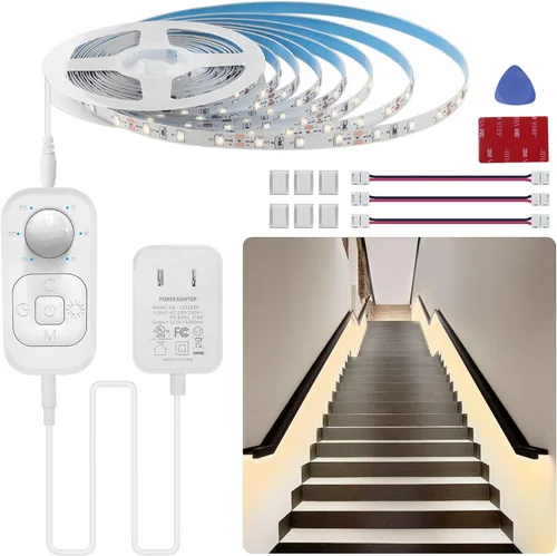 Vista 15 de Luces con sensor de movimiento para debajo del gabinete: tira de luces LED enchufables para interiores con adaptador de corriente, atenuador