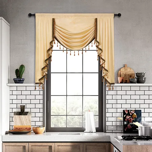 Vista 4 de ELKCA Cenefa de Cascada Jacquard con Cuentas de Lujo Beige Cenefas de Cortinas de Ventana para Sala de Estar, Bolsillo para Varilla, 1 Panel