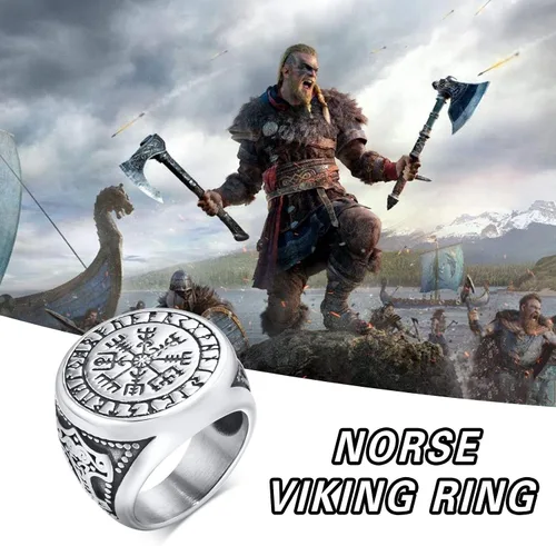 Vista 4 de VNOX Anillos vikingos para hombre, acero inoxidable, martillo de Thor, vikingo, vegvisir, pirata, brújula, anillos de joyería gótica, regalos