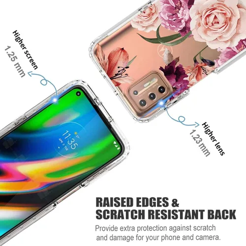 Vista 2 de Funda para Moto G9 Plus, Motorola G9+ XT2087-1 con protector de pantalla de vidrio templado, funda protectora de cuerpo completo con patrón floral