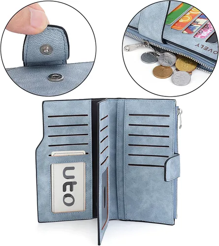 Vista 10 de UTO Cartera de pulsera para mujer desmontable para chequera, tarjeta, billetes, teléfono, organizador grande, 1085 azul, Grande, Moderno