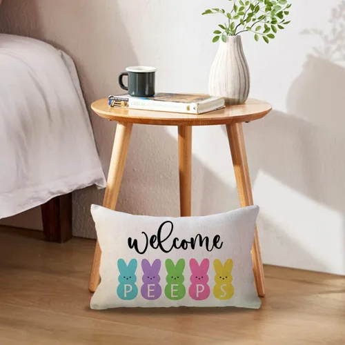 Vista 2 de Fundas de almohada lumbar con texto en inglés «Happy Easter Welcome Peeps», fundas de almohada coloridas de conejo de Pascua, huevos de Pascua