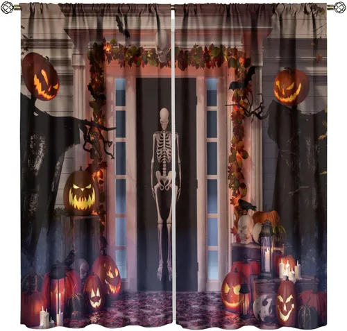 Vista 20 de Cortinas de Halloween con diseño de bosque gótico rojo, cruz gótica, Halloween, festividades, festival, tratamiento de ventana para sala de estar